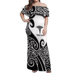 Personalised New Zealand Nurse Off Shoulder Maxi Dress Maori Koru Black Version