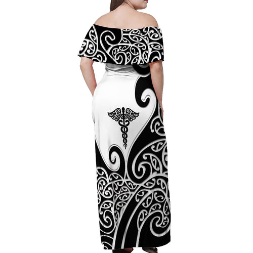 Personalised New Zealand Nurse Off Shoulder Maxi Dress Maori Koru Black Version