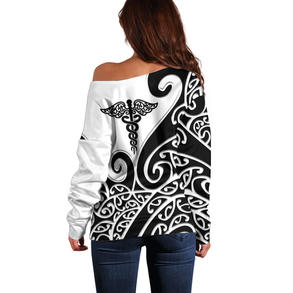 Personalised New Zealand Nurse Off Shoulder Sweater Maori Koru Black Version