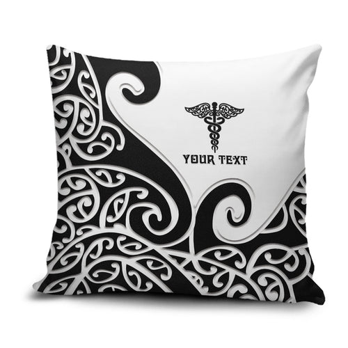 Personalised New Zealand Nurse Pillow Cover Maori Koru Black Version