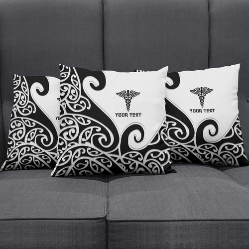 Personalised New Zealand Nurse Pillow Cover Maori Koru Black Version