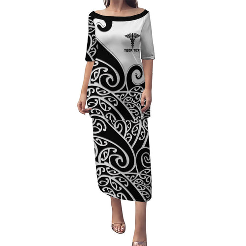 Personalised New Zealand Nurse Puletasi Maori Koru Black Version