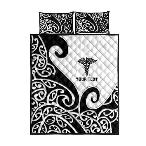 Personalised New Zealand Nurse Quilt Bed Set Maori Koru Black Version