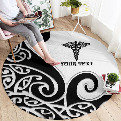 Personalised New Zealand Nurse Round Carpet Maori Koru Black Version