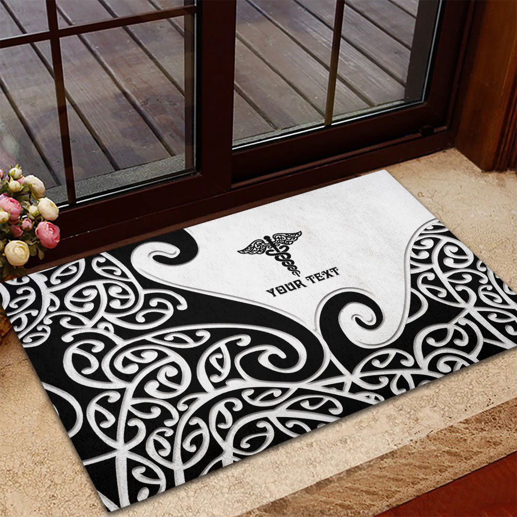 Personalised New Zealand Nurse Rubber Doormat Maori Koru Black Version