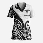 Personalised New Zealand Nurse Scrub Top Maori Koru Black Version