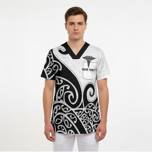 Personalised New Zealand Nurse Scrub Top Maori Koru Black Version