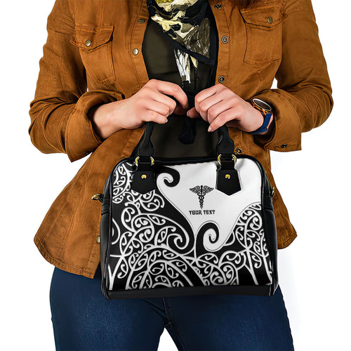 Personalised New Zealand Nurse Shoulder Handbag Maori Koru Black Version