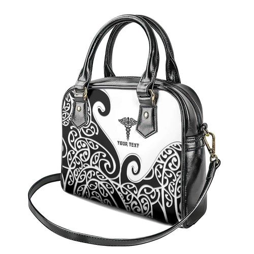 Personalised New Zealand Nurse Shoulder Handbag Maori Koru Black Version