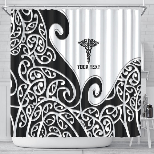 Personalised New Zealand Nurse Shower Curtain Maori Koru Black Version