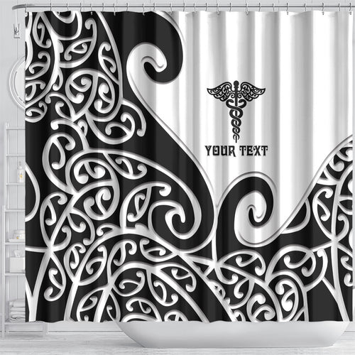 Personalised New Zealand Nurse Shower Curtain Maori Koru Black Version