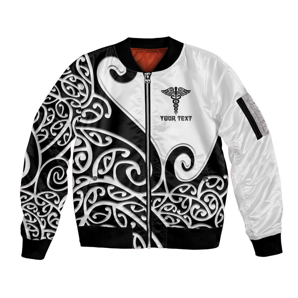 Personalised New Zealand Nurse Sleeve Zip Bomber Jacket Maori Koru Black Version