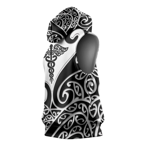 Personalised New Zealand Nurse Sleeveless Hoodie Maori Koru Black Version