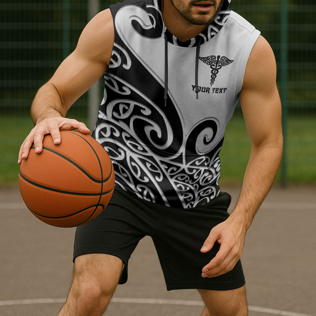Personalised New Zealand Nurse Sleeveless Hoodie Maori Koru Black Version