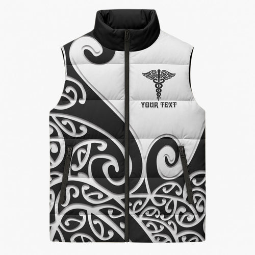 Personalised New Zealand Nurse Sleeveless Puffer Jacket Maori Koru Black Version