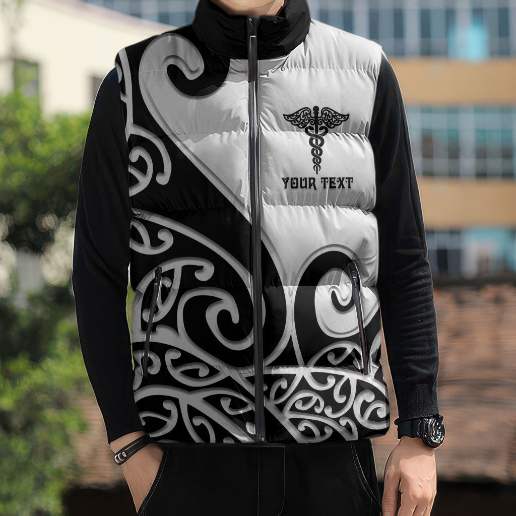 Personalised New Zealand Nurse Sleeveless Puffer Jacket Maori Koru Black Version