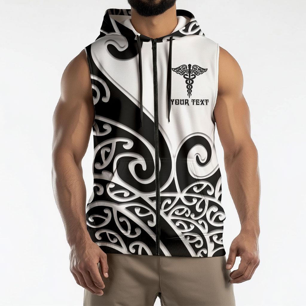 Personalised New Zealand Nurse Sleeveless Zip Hoodie Maori Koru Black Version