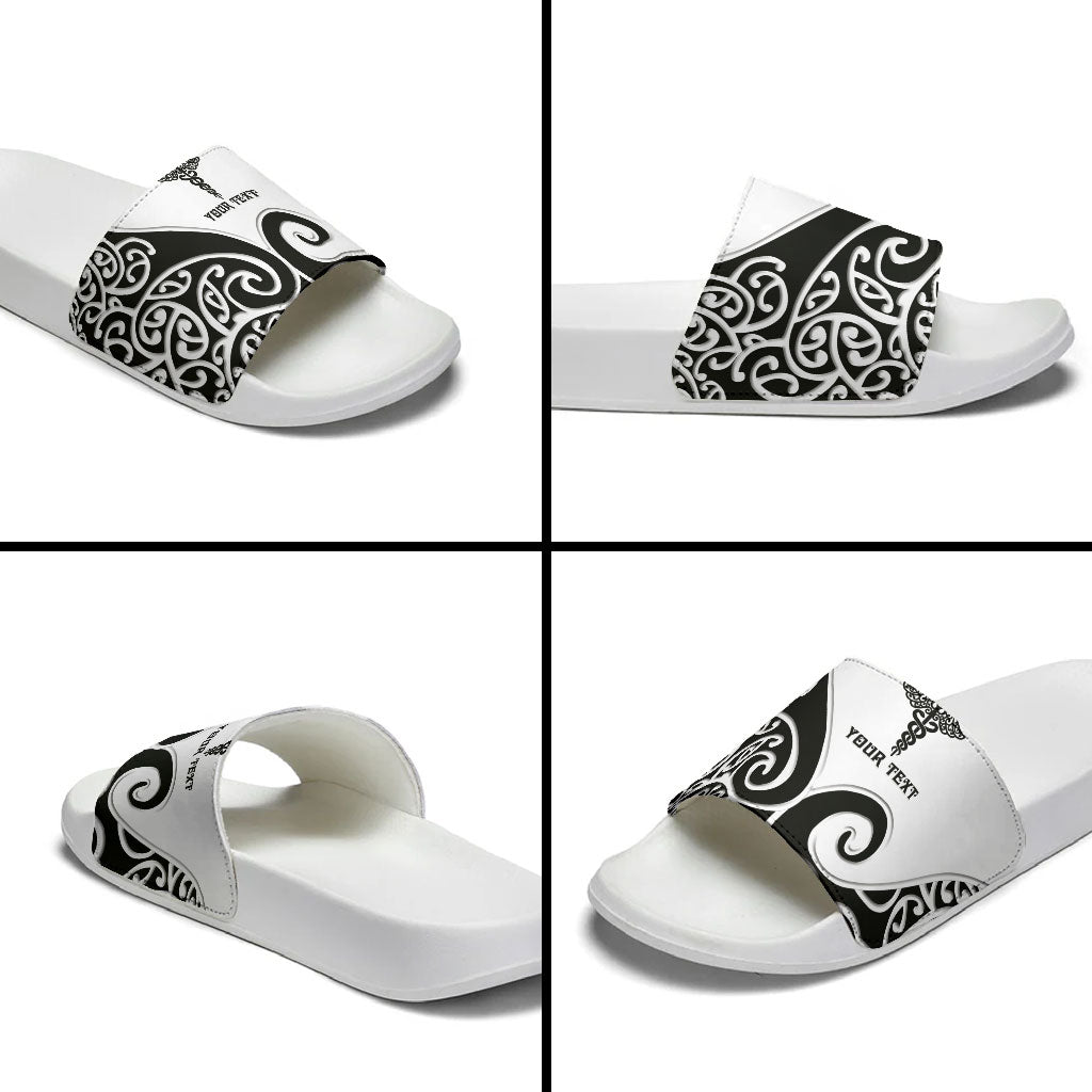 Personalised New Zealand Nurse Slide Sandals Maori Koru Black Version