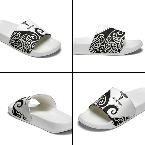 Personalised New Zealand Nurse Slide Sandals Maori Koru Black Version