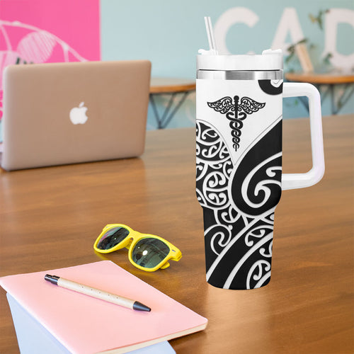 Personalised New Zealand Nurse Tumbler With Handle Maori Koru Black Version