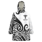 Personalised New Zealand Nurse Wearable Blanket Hoodie Maori Koru Black Version