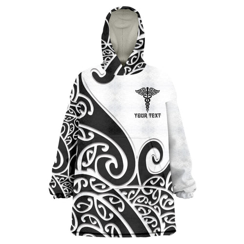 Personalised New Zealand Nurse Wearable Blanket Hoodie Maori Koru Black Version