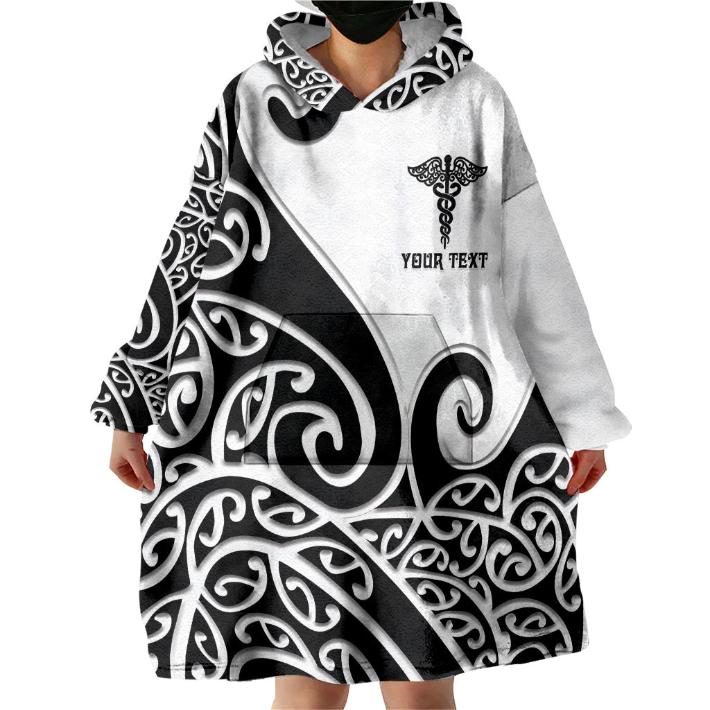 Personalised New Zealand Nurse Wearable Blanket Hoodie Maori Koru Black Version