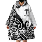 Personalised New Zealand Nurse Wearable Blanket Hoodie Maori Koru Black Version