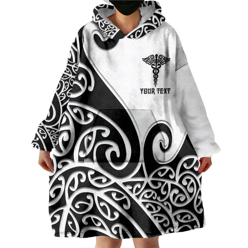 Personalised New Zealand Nurse Wearable Blanket Hoodie Maori Koru Black Version