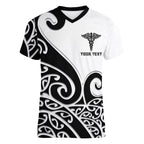 Personalised New Zealand Nurse Women V-Neck T-Shirt Maori Koru Black Version