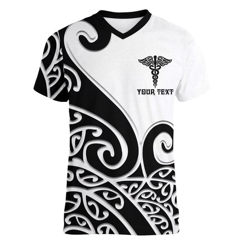 Personalised New Zealand Nurse Women V-Neck T-Shirt Maori Koru Black Version