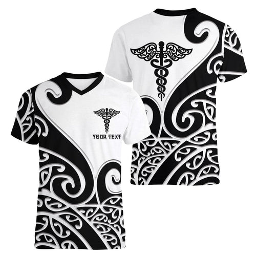 Personalised New Zealand Nurse Women V-Neck T-Shirt Maori Koru Black Version