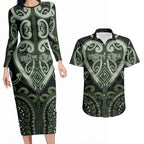 Custom Aotearoa Ngati Awa Couples Matching Long Sleeve Bodycon Dress and Hawaiian Shirt Maori Tribal Pattern