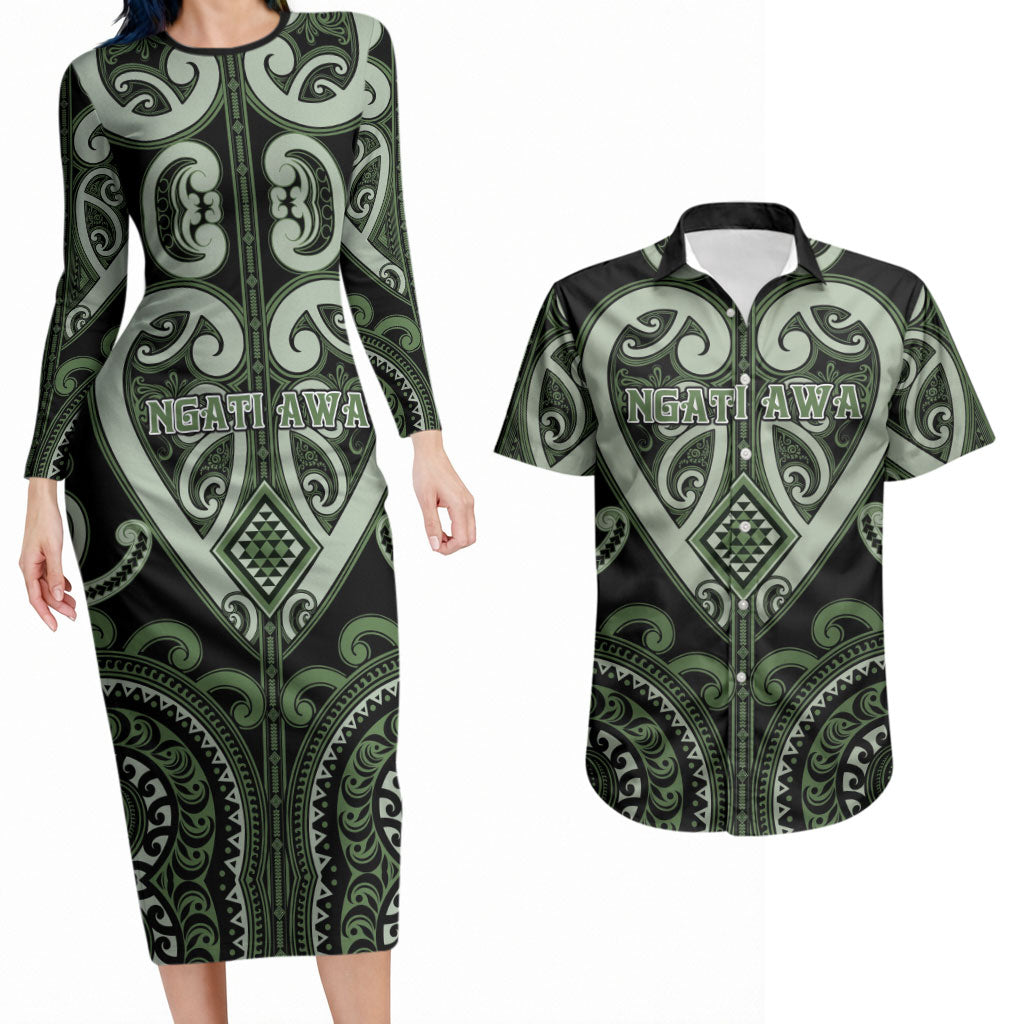 Custom Aotearoa Ngati Awa Couples Matching Long Sleeve Bodycon Dress and Hawaiian Shirt Maori Tribal Pattern