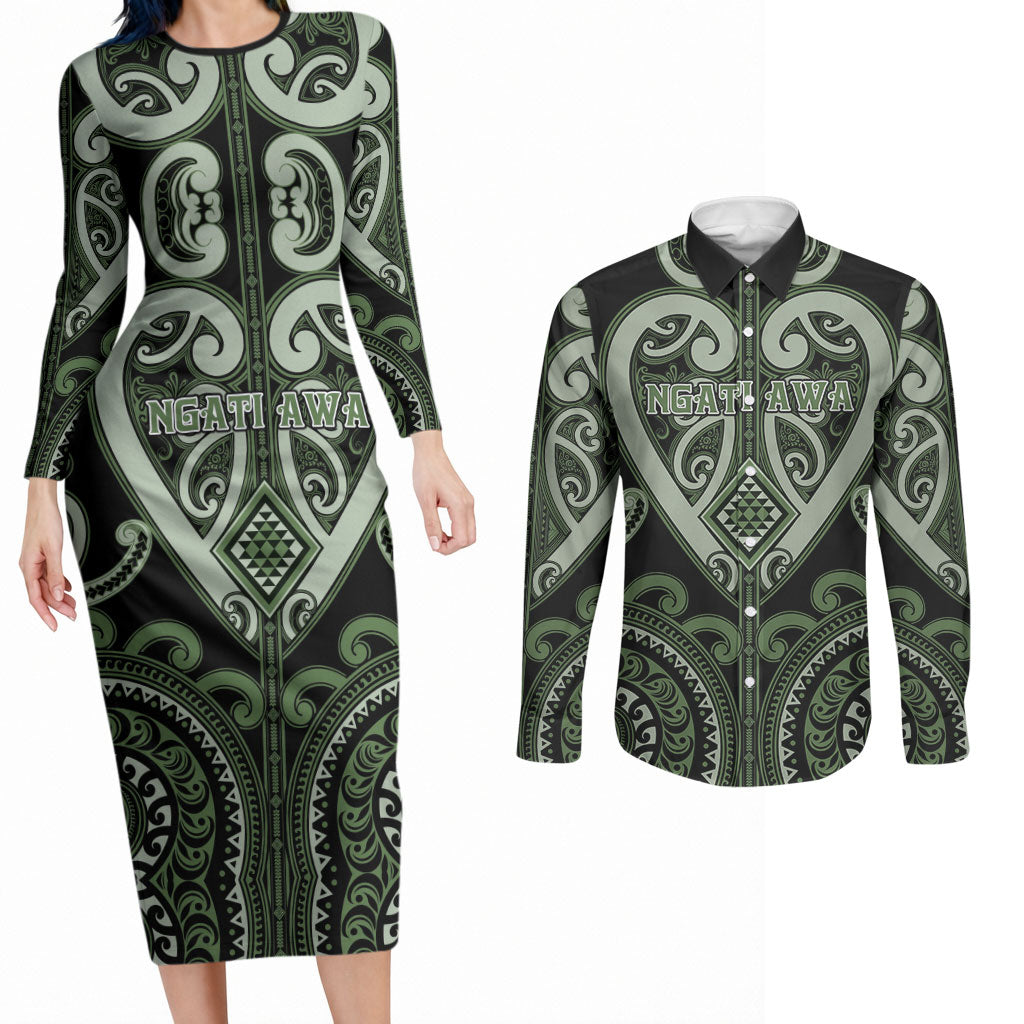 Custom Aotearoa Ngati Awa Couples Matching Long Sleeve Bodycon Dress and Long Sleeve Button Shirt Maori Tribal Pattern
