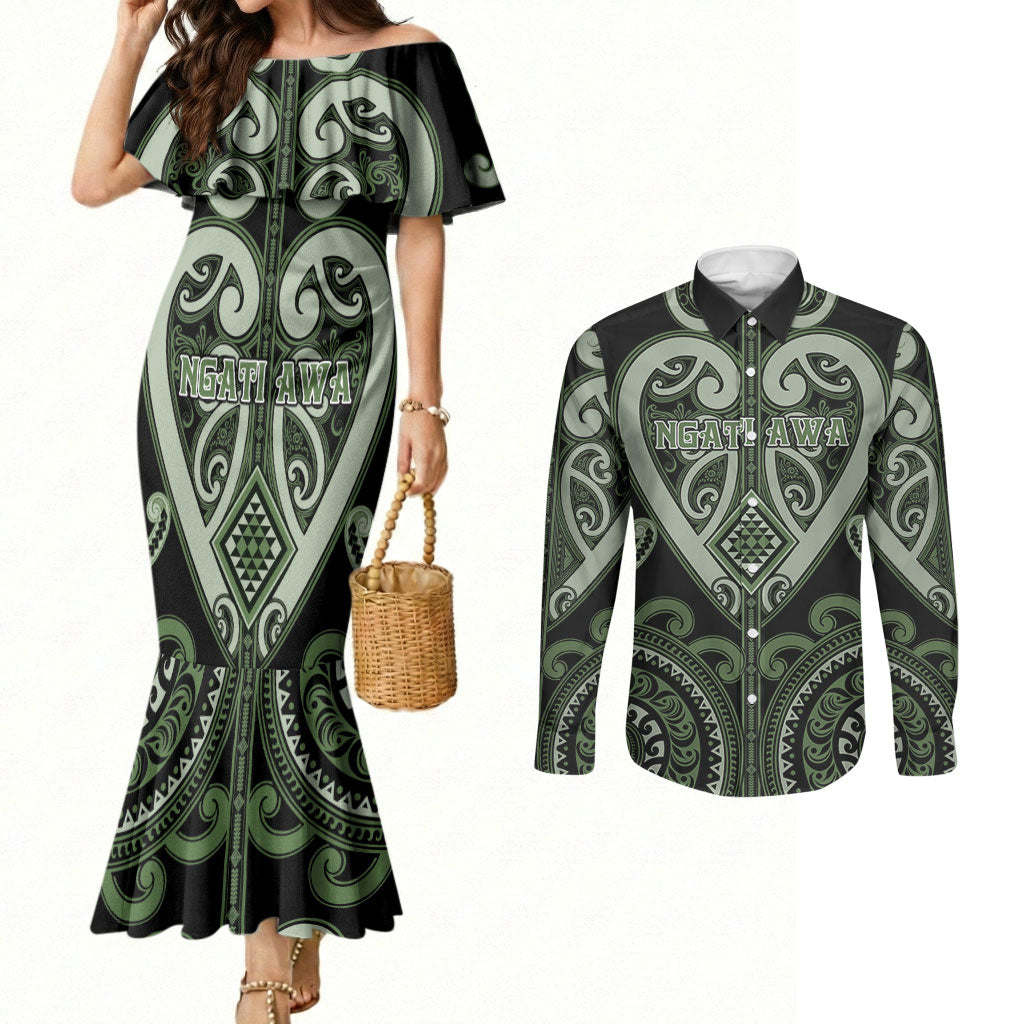 Custom Aotearoa Ngati Awa Couples Matching Mermaid Dress and Long Sleeve Button Shirt Maori Tribal Pattern