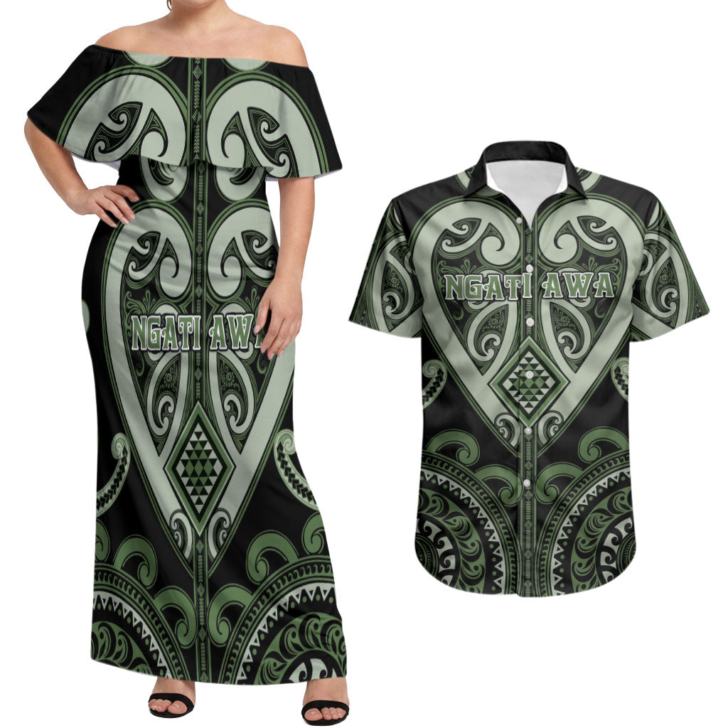 Custom Aotearoa Ngati Awa Couples Matching Off Shoulder Maxi Dress and Hawaiian Shirt Maori Tribal Pattern