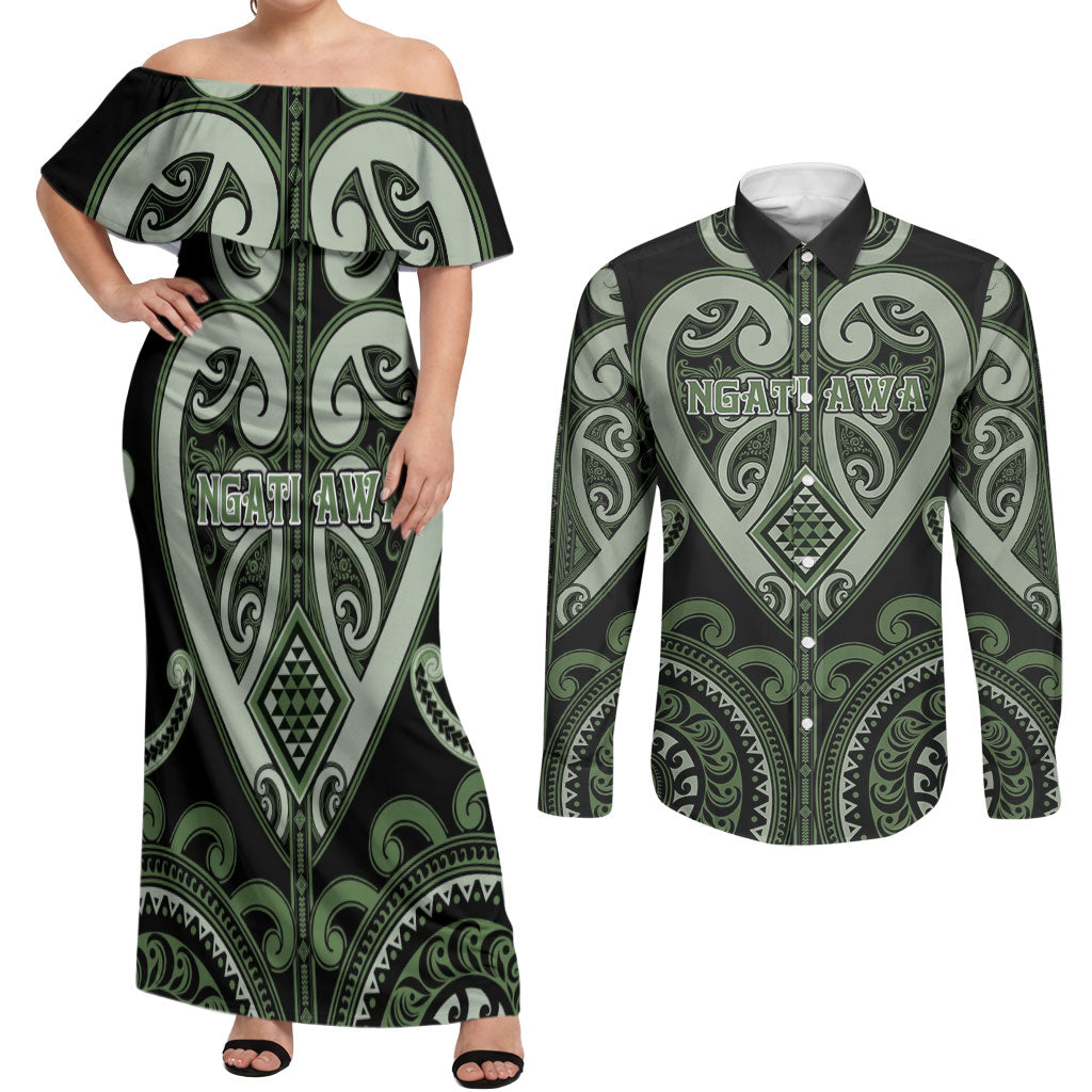 Custom Aotearoa Ngati Awa Couples Matching Off Shoulder Maxi Dress and Long Sleeve Button Shirt Maori Tribal Pattern