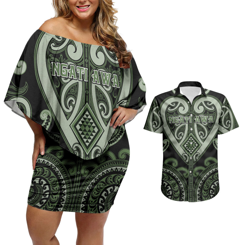 Custom Aotearoa Ngati Awa Couples Matching Off Shoulder Short Dress and Hawaiian Shirt Maori Tribal Pattern