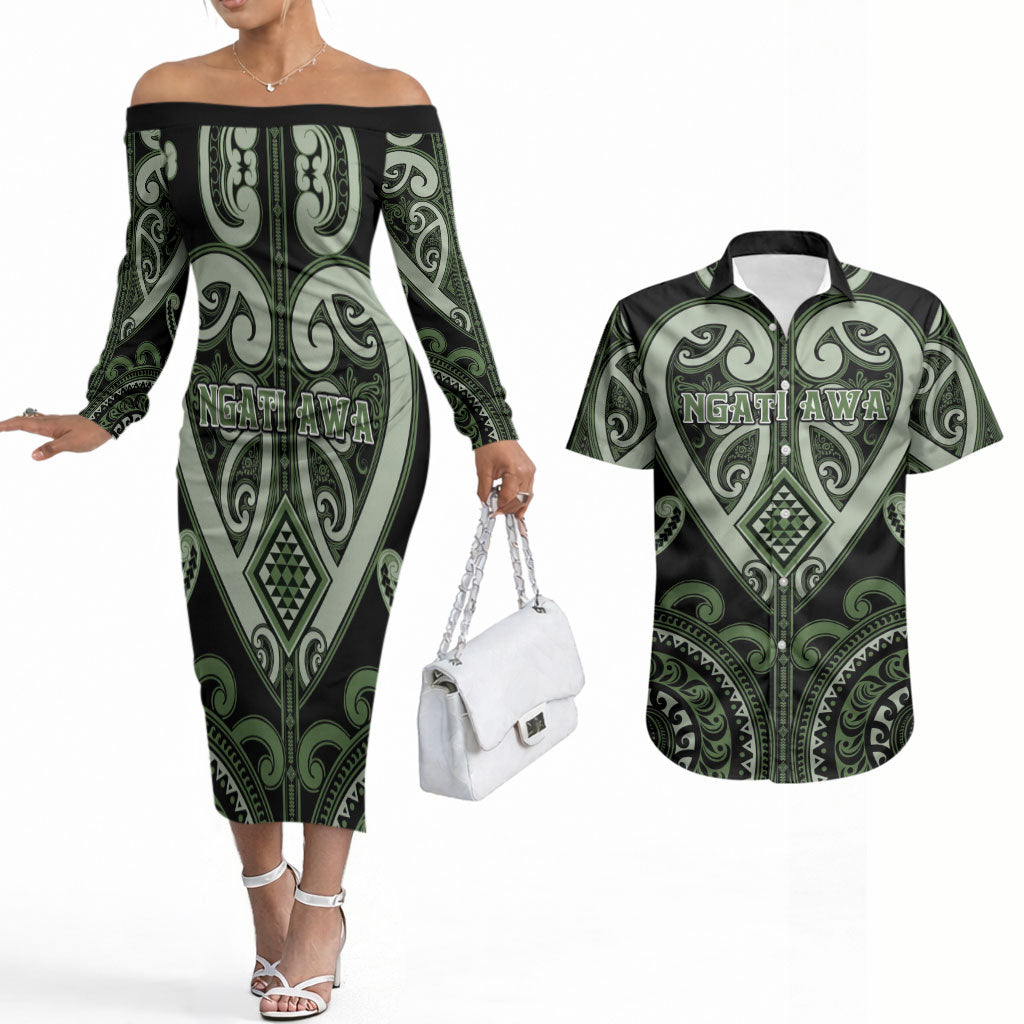 Custom Aotearoa Ngati Awa Couples Matching Off The Shoulder Long Sleeve Dress and Hawaiian Shirt Maori Tribal Pattern