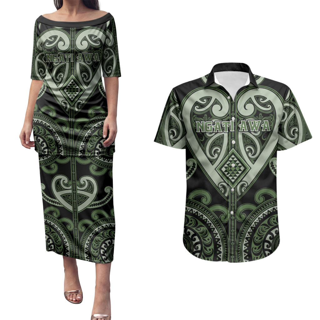 Custom Aotearoa Ngati Awa Couples Matching Puletasi and Hawaiian Shirt Maori Tribal Pattern