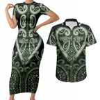 Custom Aotearoa Ngati Awa Couples Matching Short Sleeve Bodycon Dress and Hawaiian Shirt Maori Tribal Pattern