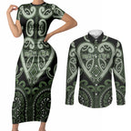 Custom Aotearoa Ngati Awa Couples Matching Short Sleeve Bodycon Dress and Long Sleeve Button Shirt Maori Tribal Pattern