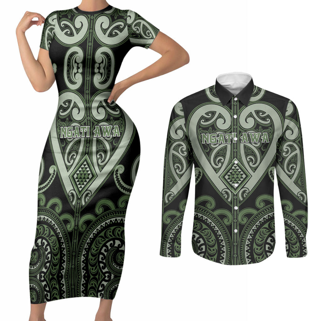 Custom Aotearoa Ngati Awa Couples Matching Short Sleeve Bodycon Dress and Long Sleeve Button Shirt Maori Tribal Pattern