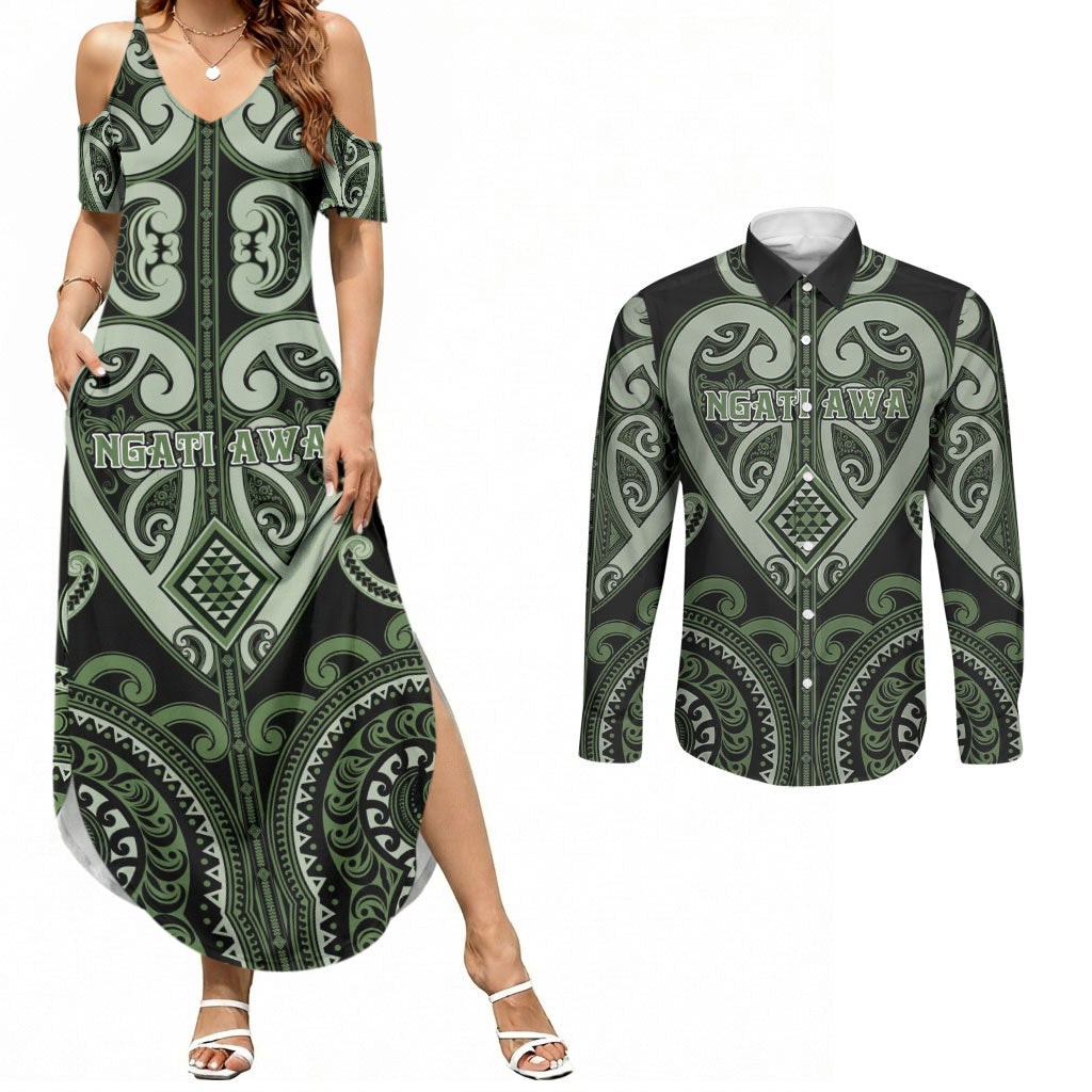 Custom Aotearoa Ngati Awa Couples Matching Summer Maxi Dress and Long Sleeve Button Shirt Maori Tribal Pattern