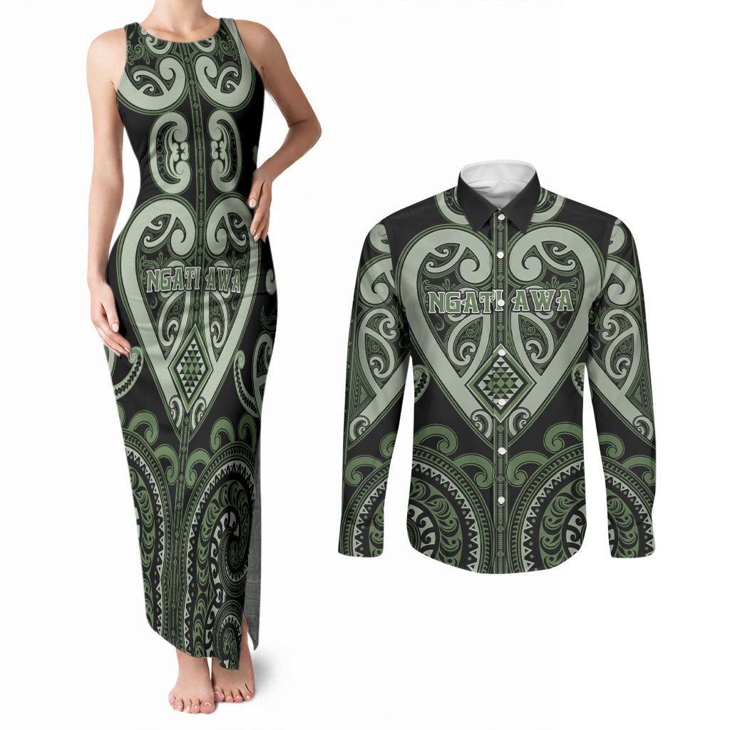 Custom Aotearoa Ngati Awa Couples Matching Tank Maxi Dress and Long Sleeve Button Shirt Maori Tribal Pattern