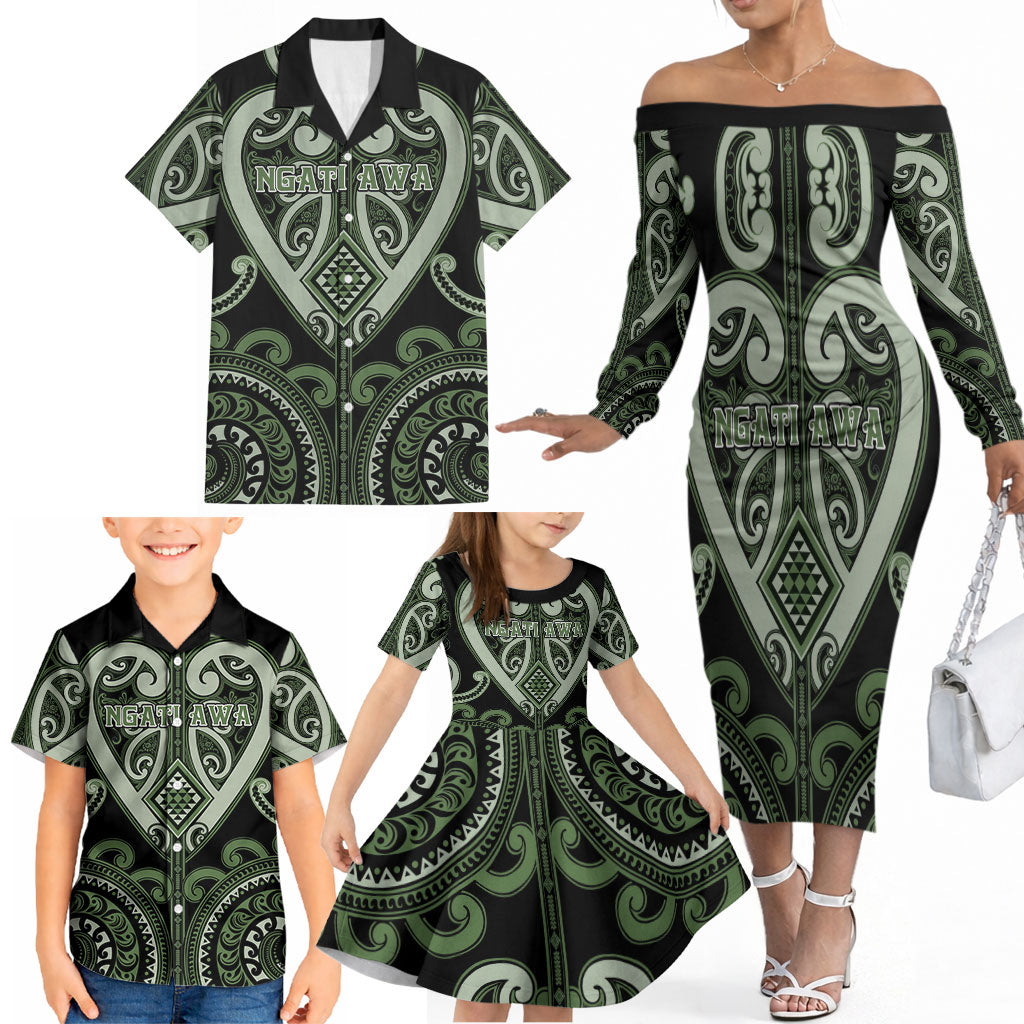 Custom Aotearoa Ngati Awa Family Matching Off The Shoulder Long Sleeve Dress and Hawaiian Shirt Maori Tribal Pattern