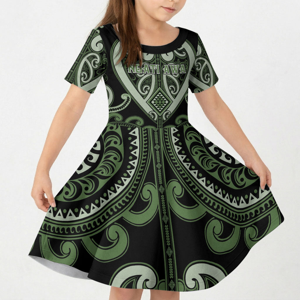 Custom Aotearoa Ngati Awa Kid Short Sleeve Dress Maori Tribal Pattern