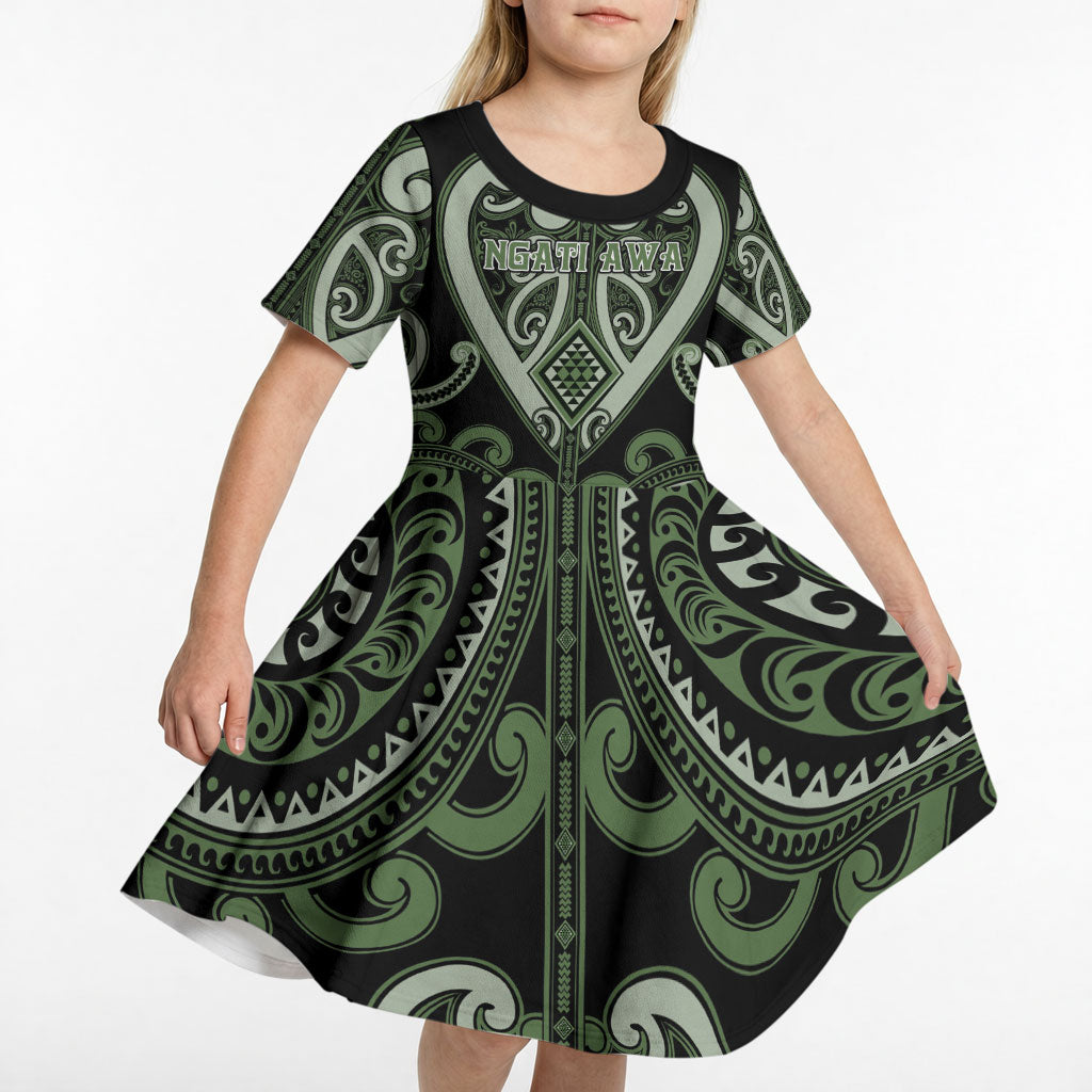 Custom Aotearoa Ngati Awa Kid Short Sleeve Dress Maori Tribal Pattern