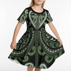Custom Aotearoa Ngati Awa Kid Short Sleeve Dress Maori Tribal Pattern